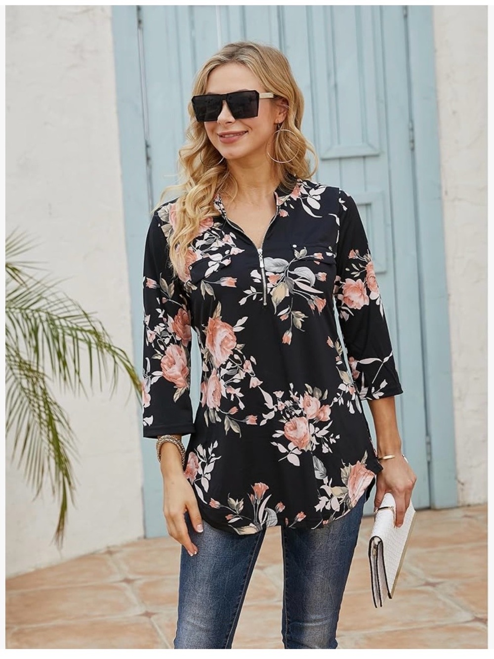 Floral Zip-Front Black Blouse with Rust and Rose Print